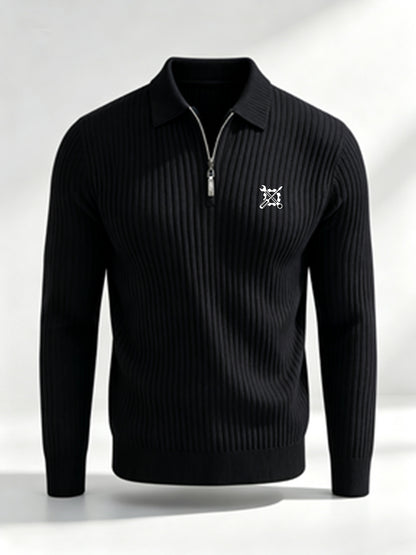 Men's Casual Long-Sleeve Ribbed Polo Shirt for Fall/Winter