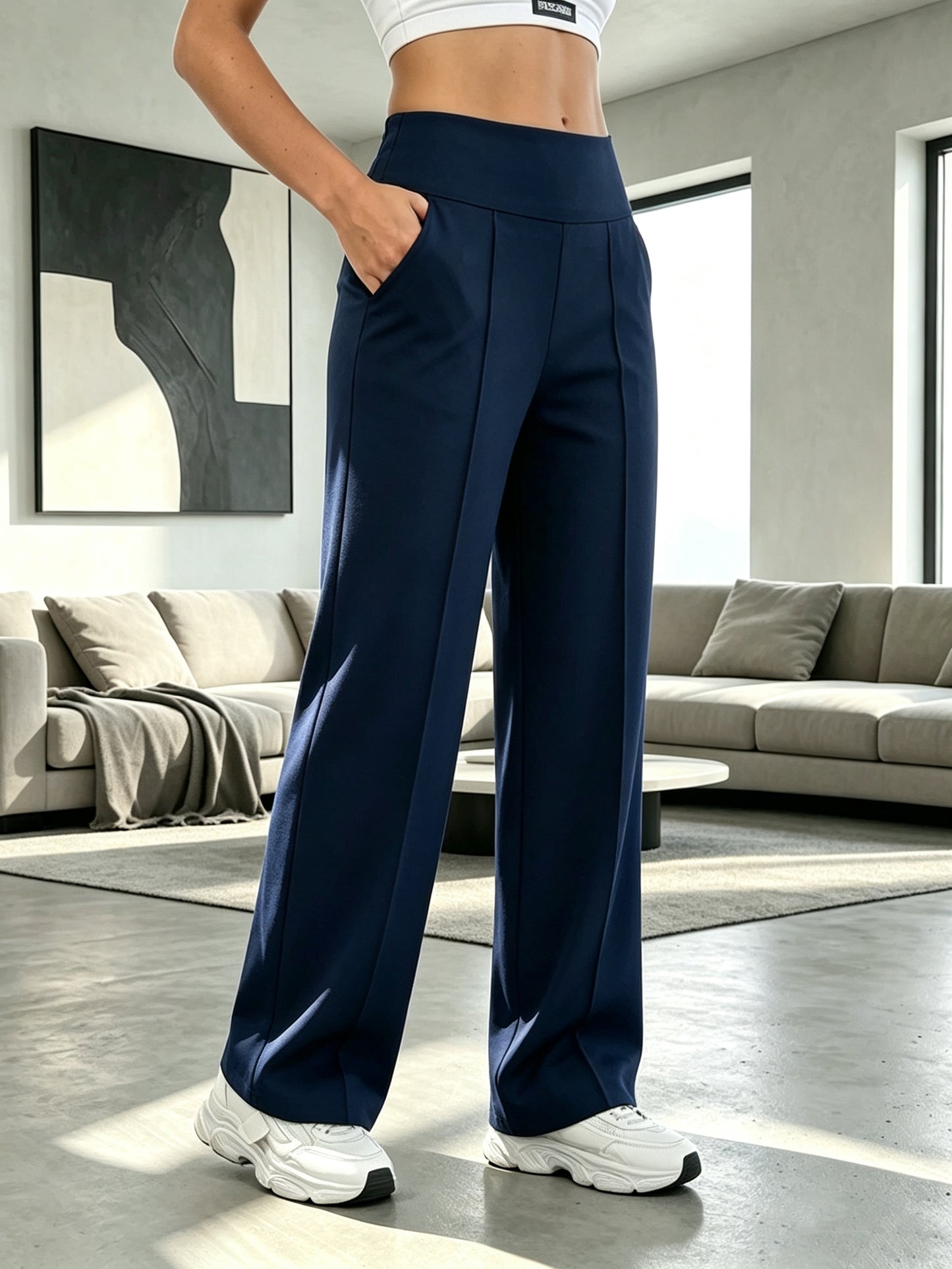 Women's High-Waist Tummy Control Wide-Leg Pants with Pockets