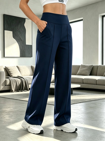 Women's High-Waist Tummy Control Wide-Leg Pants with Pockets
