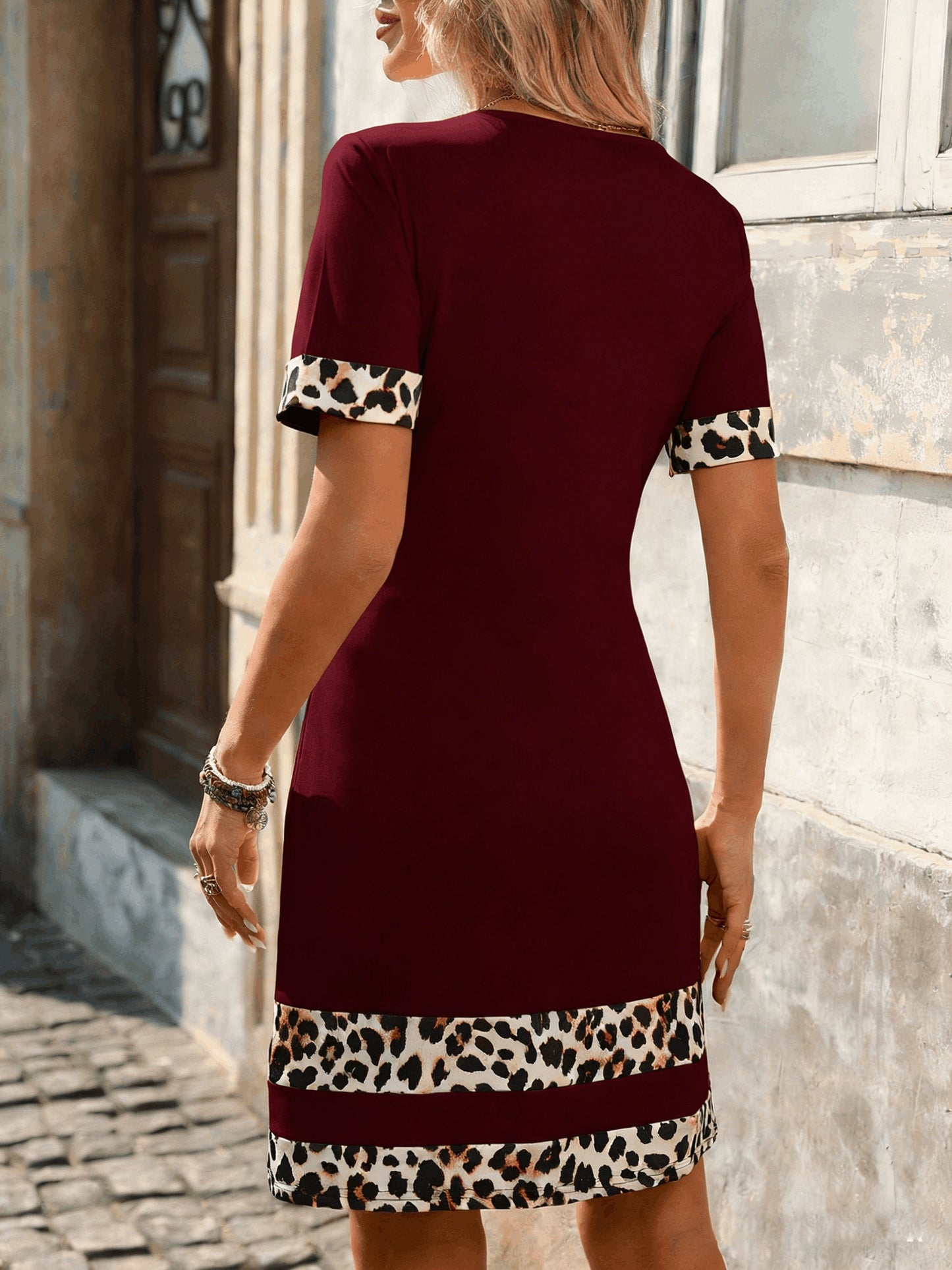 Women's Casual Leopard Print Tunic Dress with Color Block