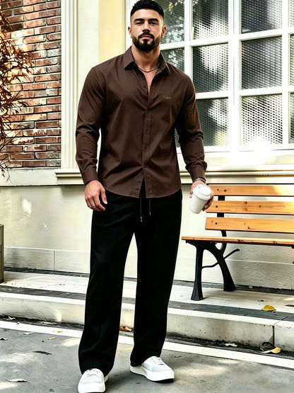 Men's Business Casual Shirt and Trousers Set - Polyester, All Season
