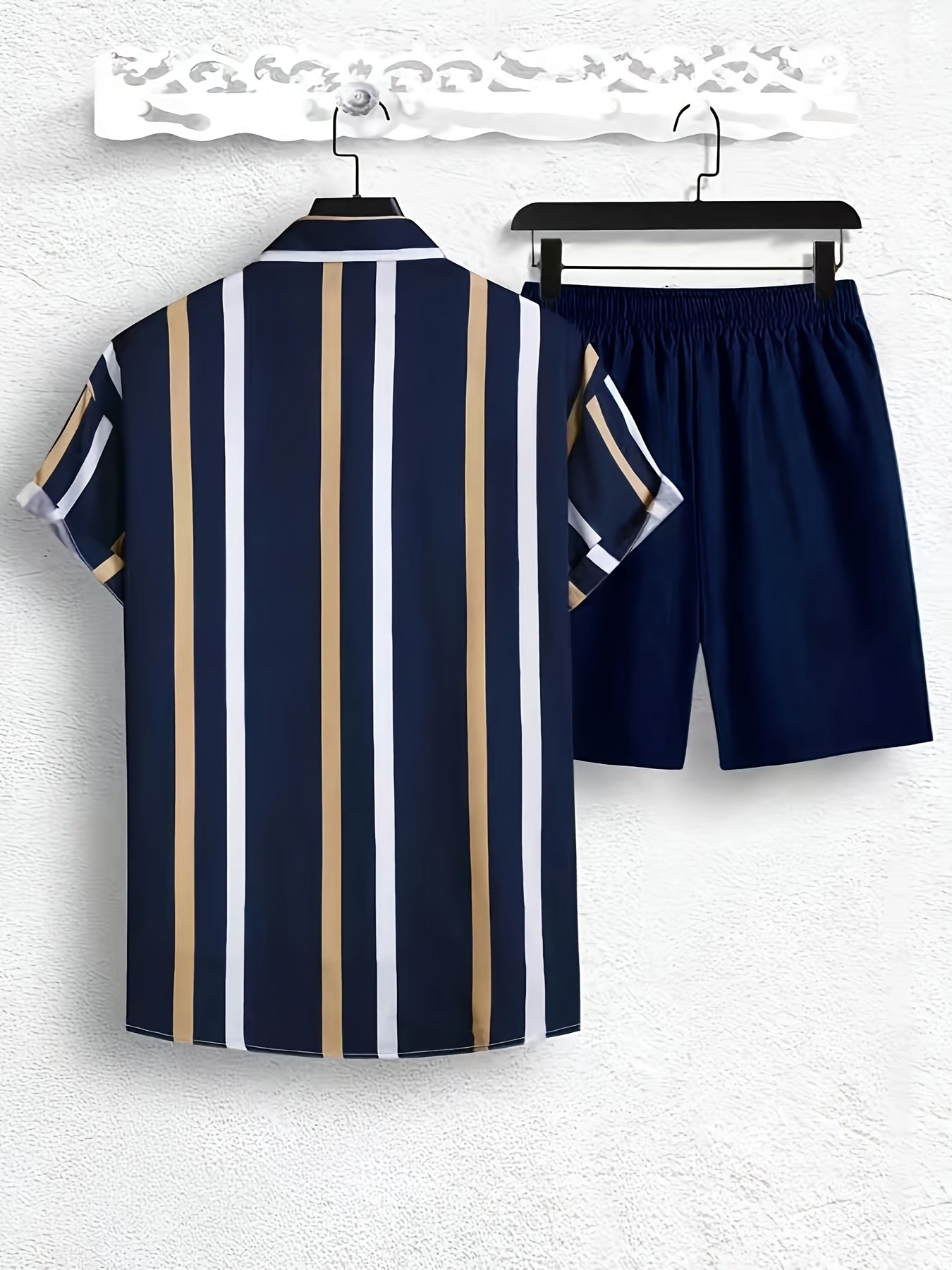Men's Summer Casual Set: Striped Short-Sleeve Shirt & Beach Shorts