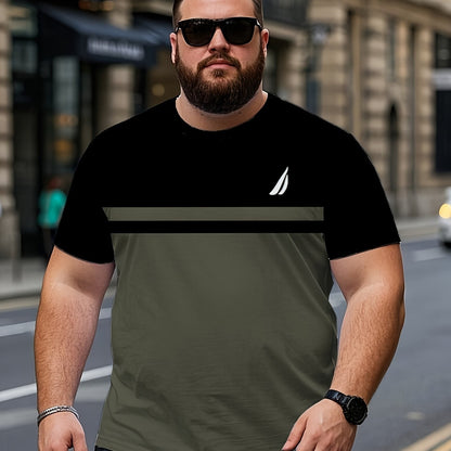 Men's Plus Size Casual 3D Printed Striped T-Shirt - Lightweight Polyester Blend, Breathable Short Sleeve Round Neck Tee for Outdoor Adventures  Casual Attire, Machine Washable, Big  Tall Sizes, Adventure Clothing   Versatil