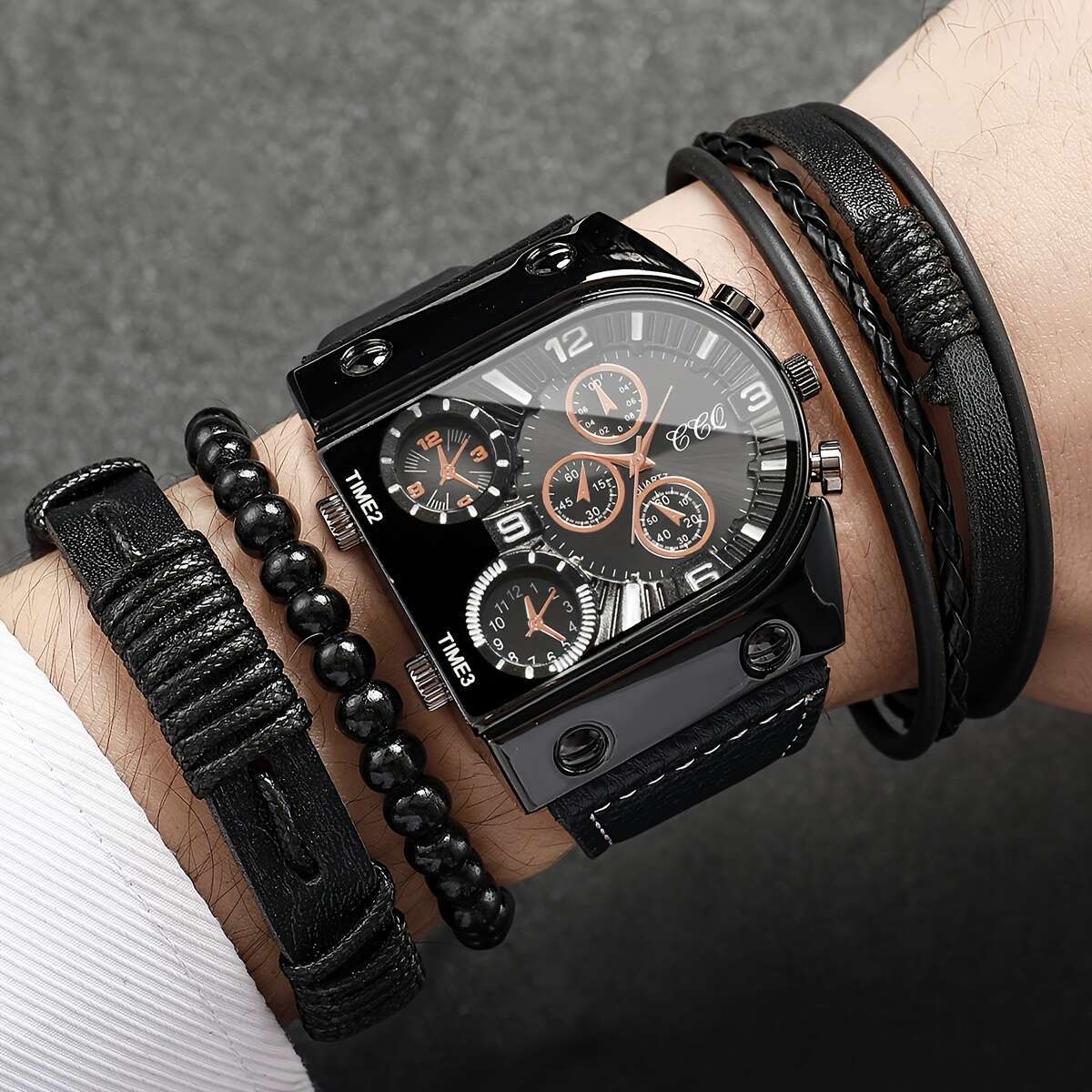 Men's Fashion Digital Dial Large Face Business Trend Quartz Watch + Bracelet Set, 4pcs Set (Watch Box Not Included)