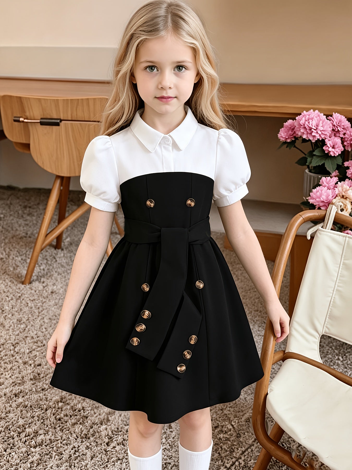 Girls' Preppy Black & White Color-Block A-Line Dress with Belt