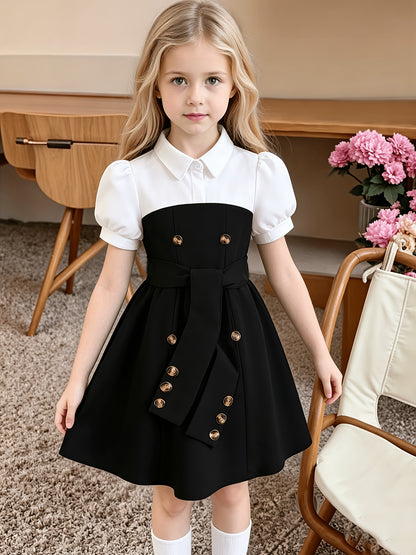 Girls' Preppy Black & White Color-Block A-Line Dress with Belt