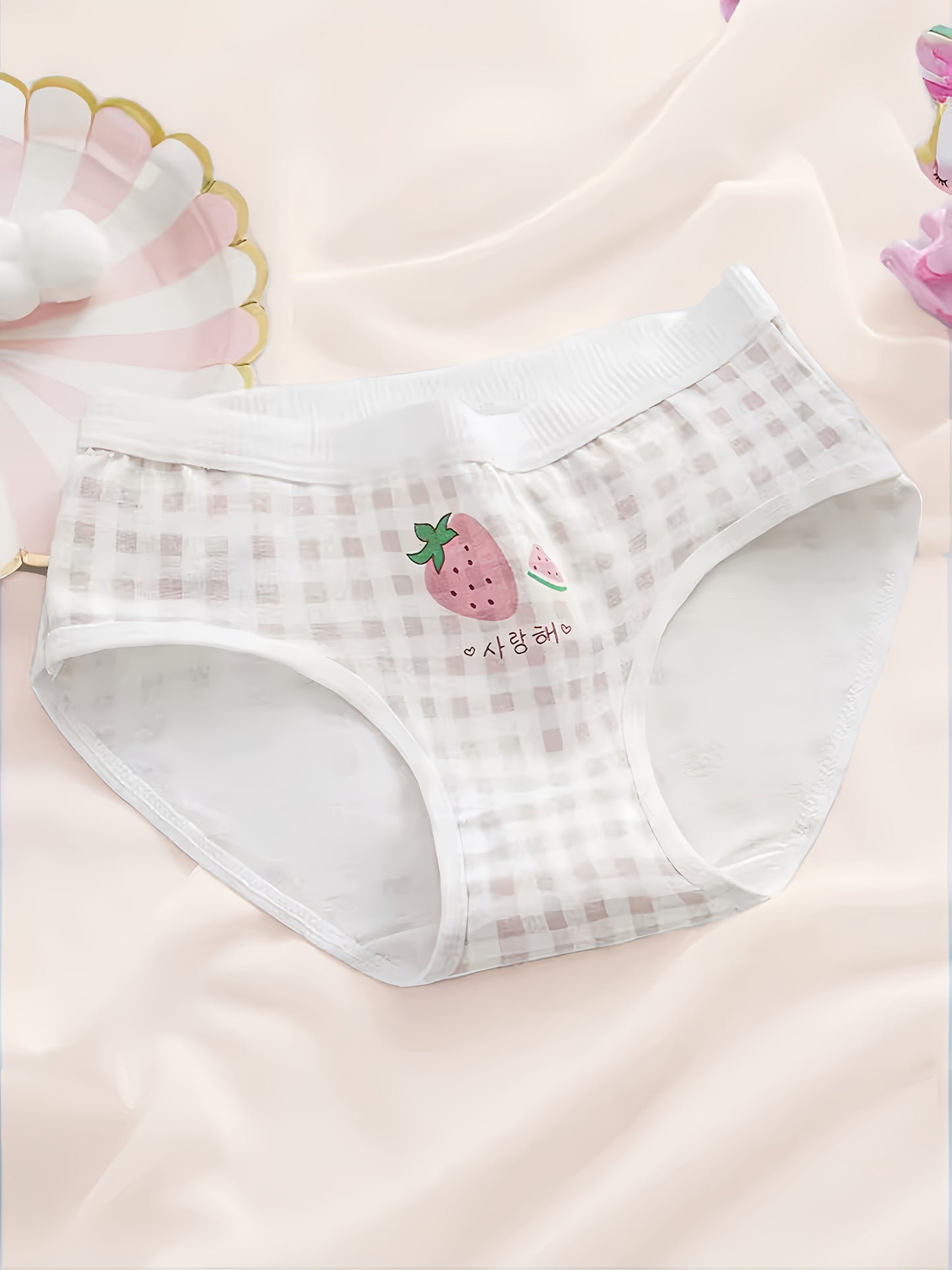 Girls' Cotton Briefs Set of 5 - Cute Strawberry & Checkered Design