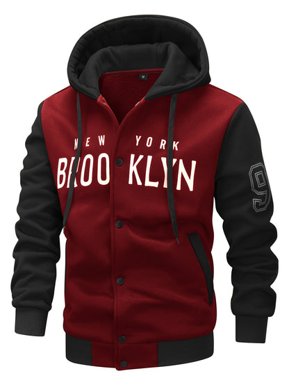 Men's 'BROOKLYN' Pattern Color Blocking Hooded Jacket, Casual Preppy Style Coat For Spring And Autumn Outdoors As Gift