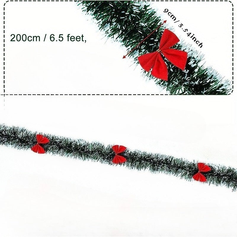 Extra Long 78.74in/200cm Garland - Heavy-Duty PET (Polyethylene Terephthalate) Christmas Garland with Elegant Deep Green, Red Bows & Black Beads - Indoor/Outdoor Hanging Decoration for Stairs, Banisters, Doors, Walls - Weddin