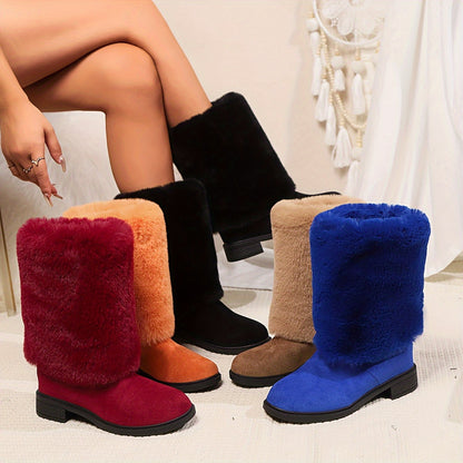 Women's Fashion Solid Color Mid-Calf Fluffy Boots with Slip-On Closure, Plain Toe Platform Heel, Comfy & Warm Fabric-Lined Winter Footwear - TPR Sole, Mid Heel, European Special from Huizhou