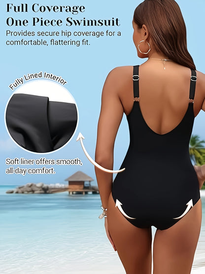 Solid Color Backless One-Piece Swimsuit with Tummy Control