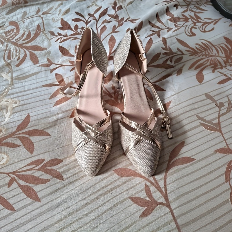 Women's Elegant Beige Pointed-Toe High Heel Pumps - Comfortable Block Heel Wedding  Party Shoes with Golden-Tone Straps, Breathable Fabric Upper  Cushioned PU Lining for Spring/Summer, Shoes for Wedding, Formal Footwear, So