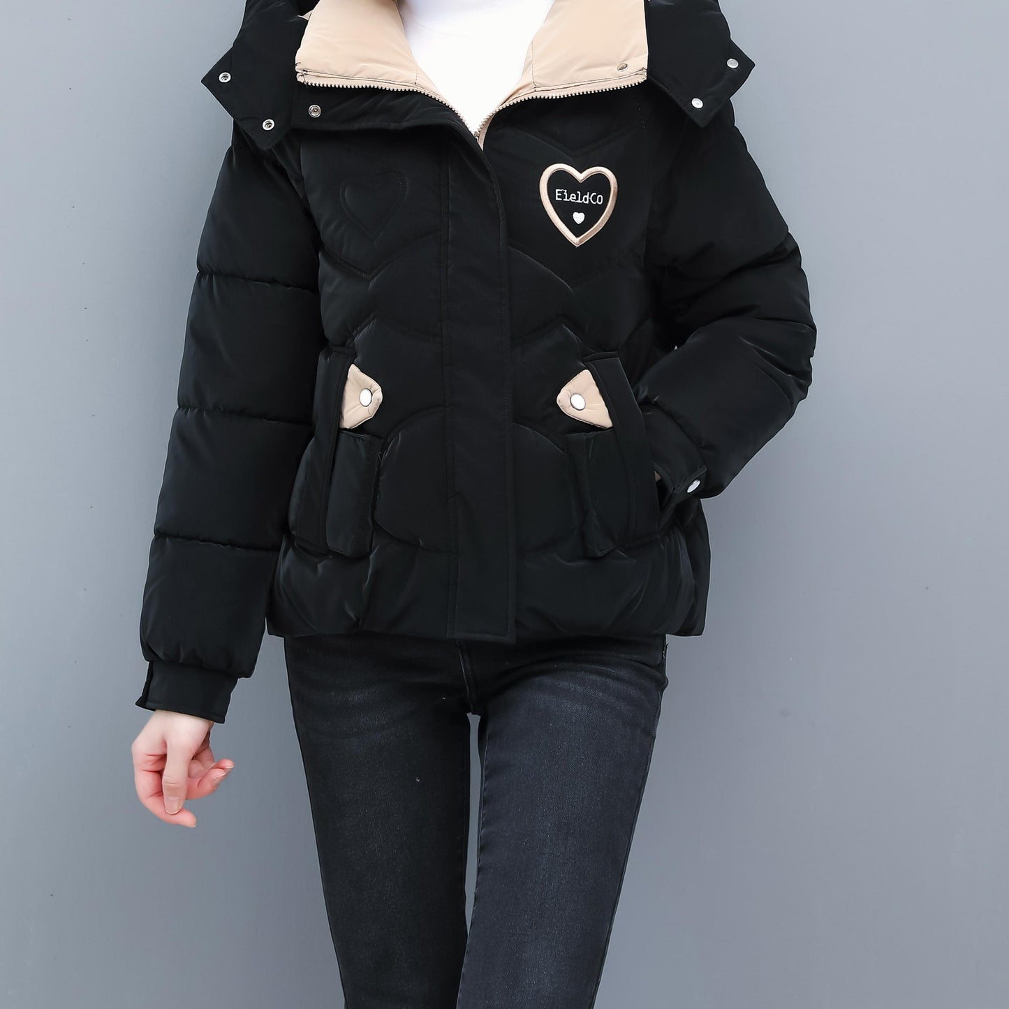 Women's Winter Hooded Jacket - Stylish Beige & White Zip-Up Coat with Heart Design, Warm Polyester Outerwear for Casual or Chic Looks, Winter Jacket