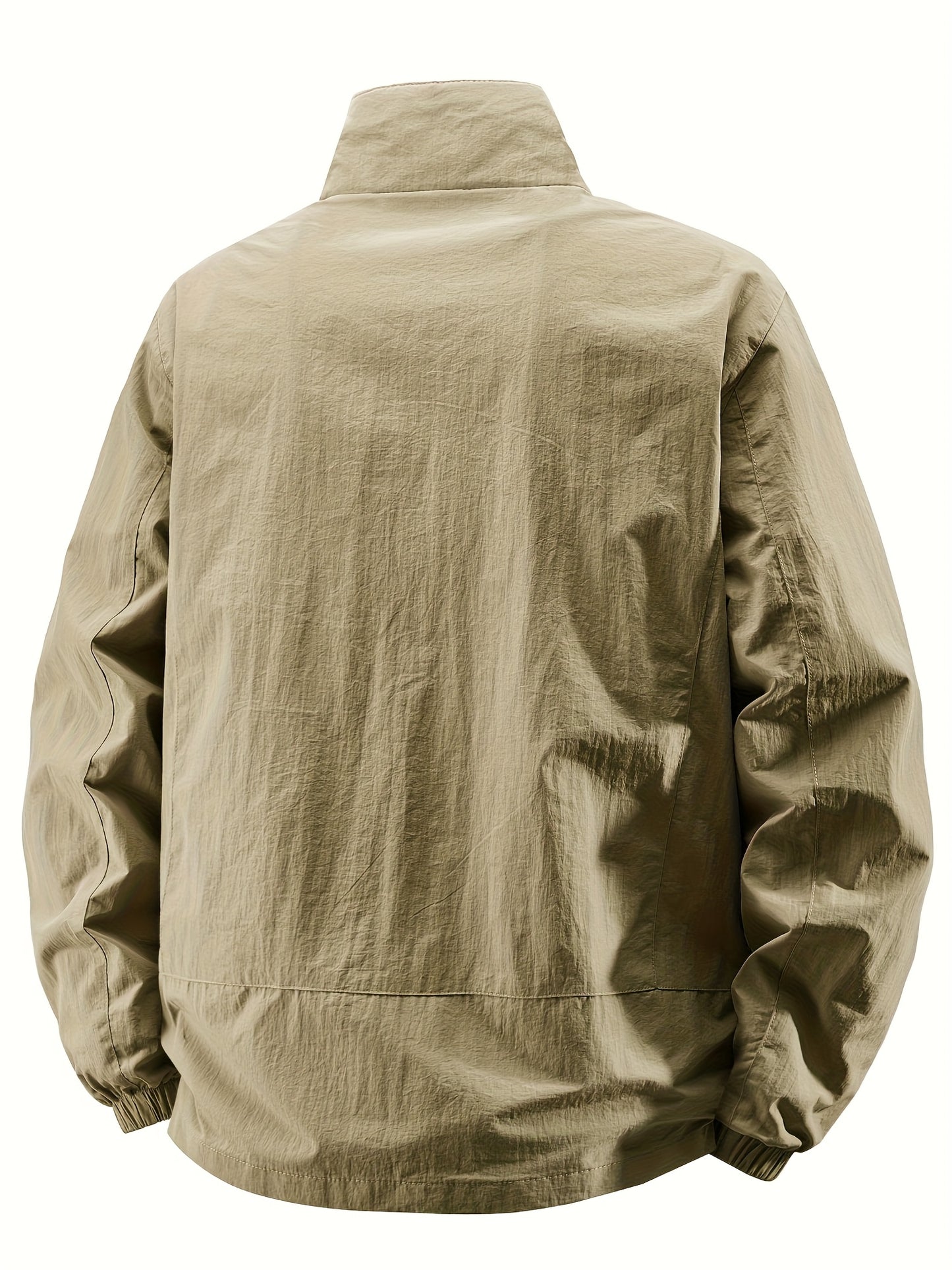 Men'S Olive Green Bomber Jacket with Stand Collar - Casual, Comfortable, Zip-Up Outerwear for Outdoor Activities, Casual Attire|Stand Collar Jacket|Zippered Jacket