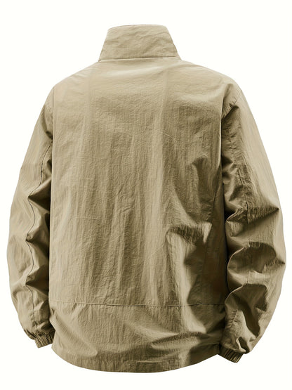 Men'S Olive Green Bomber Jacket with Stand Collar - Casual, Comfortable, Zip-Up Outerwear for Outdoor Activities, Casual Attire|Stand Collar Jacket|Zippered Jacket