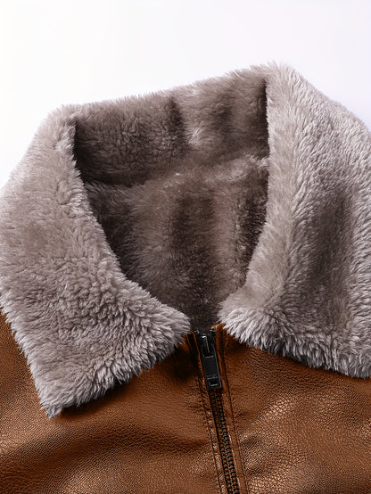Siji Dou OBM Men's Coat, New Autumn/Winter Fleece-Lined Jacket with Faux Fur Collar, Trendy Casual Jacket for Men