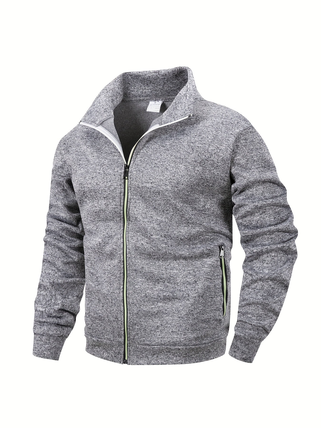 Men'S Stand Collar Zipper Jacket, Fashion Solid Color, Long Sleeve, Fleece, Soft, Casual, Polyester, with Zipper Pocket, for Daily, Sports, Fitness