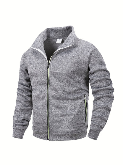 Men'S Stand Collar Zipper Jacket, Fashion Solid Color, Long Sleeve, Fleece, Soft, Casual, Polyester, with Zipper Pocket, for Daily, Sports, Fitness
