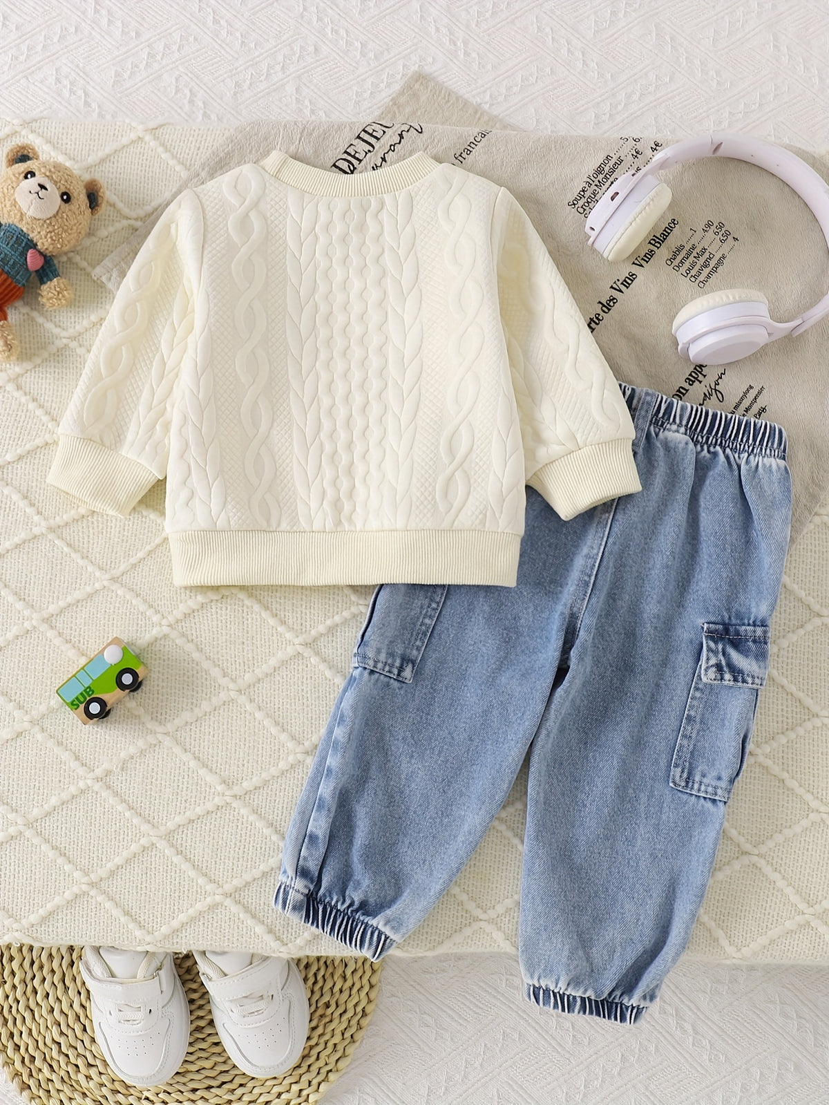 Cute Baby Boy Fall Set: Bear Sweatshirt & Denim Jogger Pants - ayq
