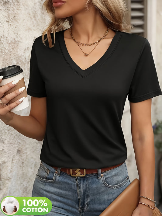 Women’s V-Neck Cotton T-Shirt, Short Sleeve, Solid Color - ayq