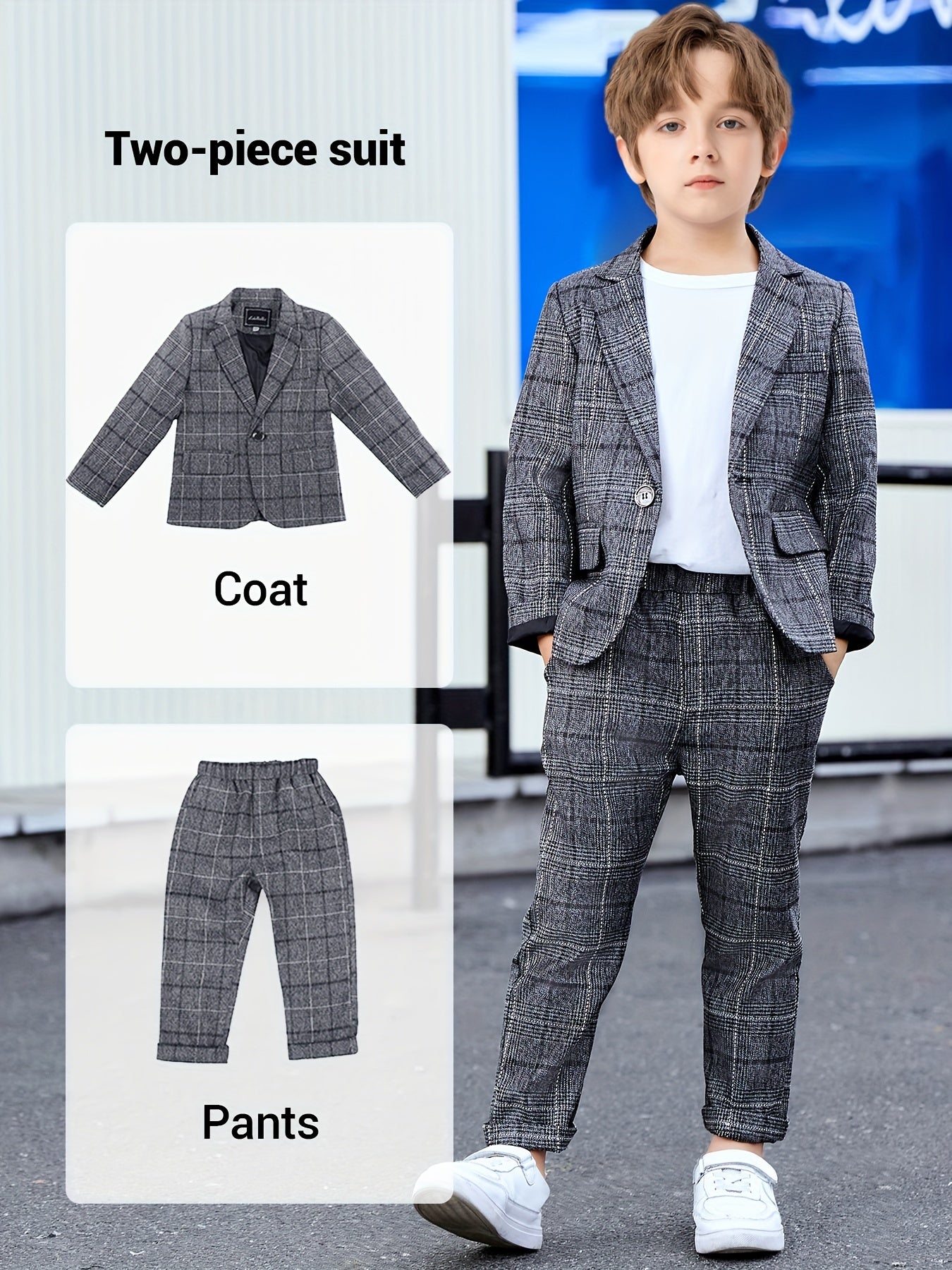 Boys' Plaid Formal Suit Set with Lapel Jacket and Trousers