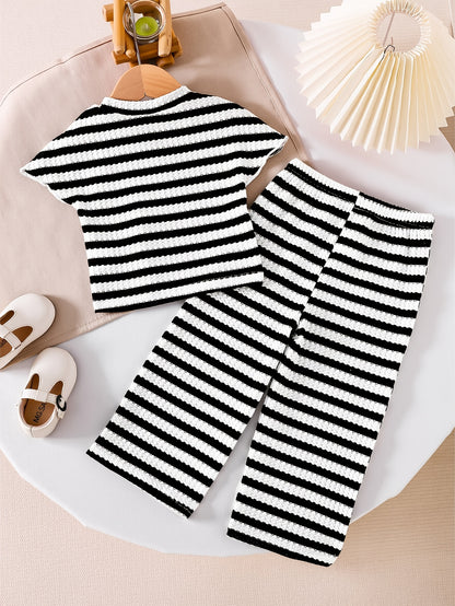 Girls' Striped Short-Sleeve Top & Long Pants Set - Elegant Casual