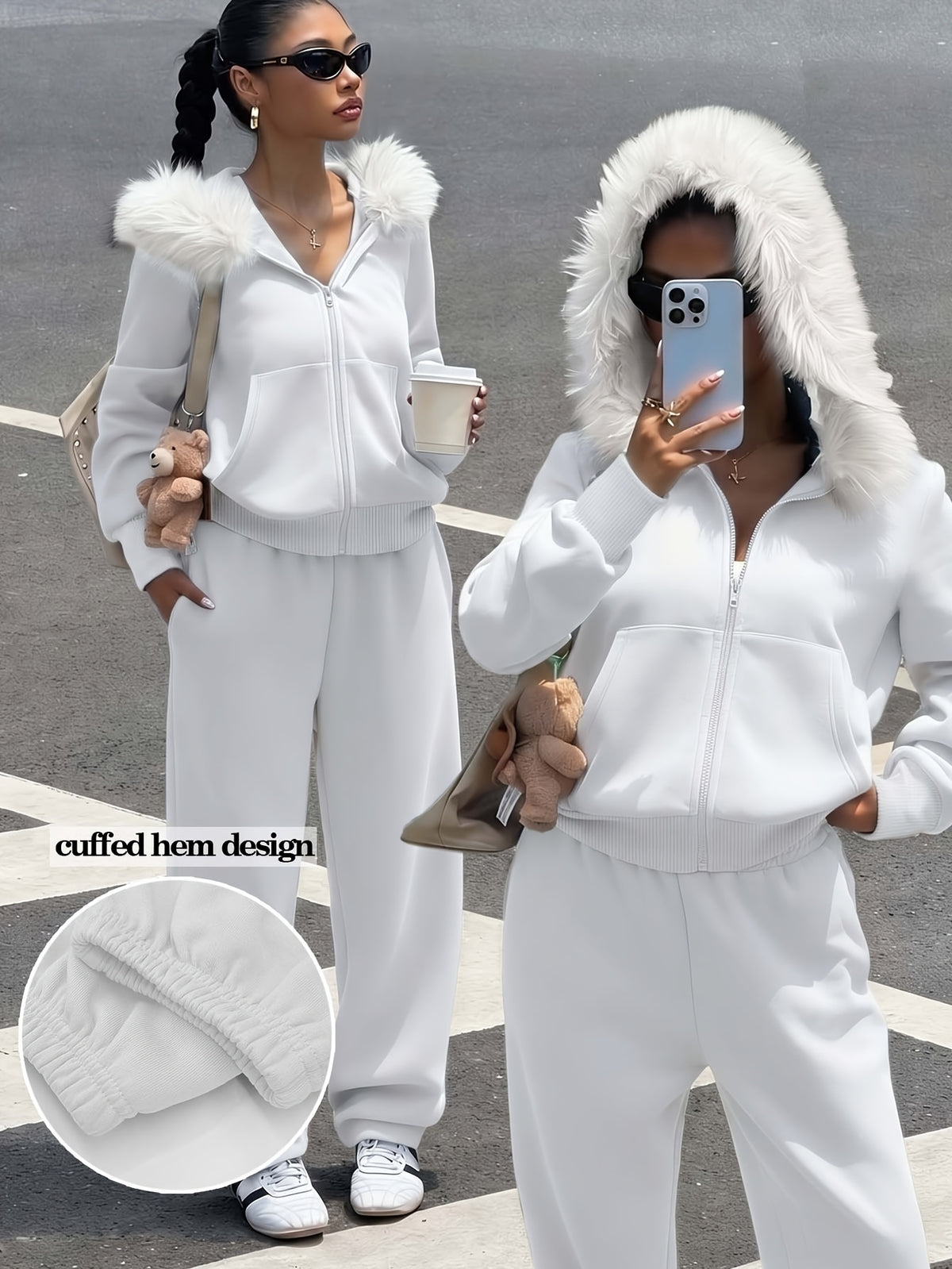 Women's Casual Polyester Hoodie & Wide-Leg Pants Set - ayq