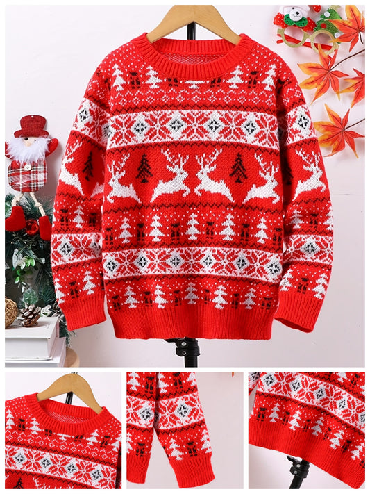 1pc Men'S Christmas Sweater, Festive Holiday Knit Pullover with Reindeer & Tree Pattern, Warm Long Sleeve Round Neck Top for Autumn/Winter, Casual Everyday Wear