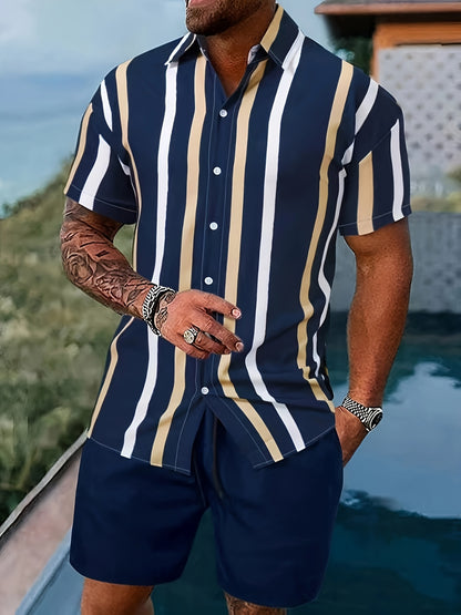Men's Summer Casual Set: Striped Short-Sleeve Shirt & Beach Shorts