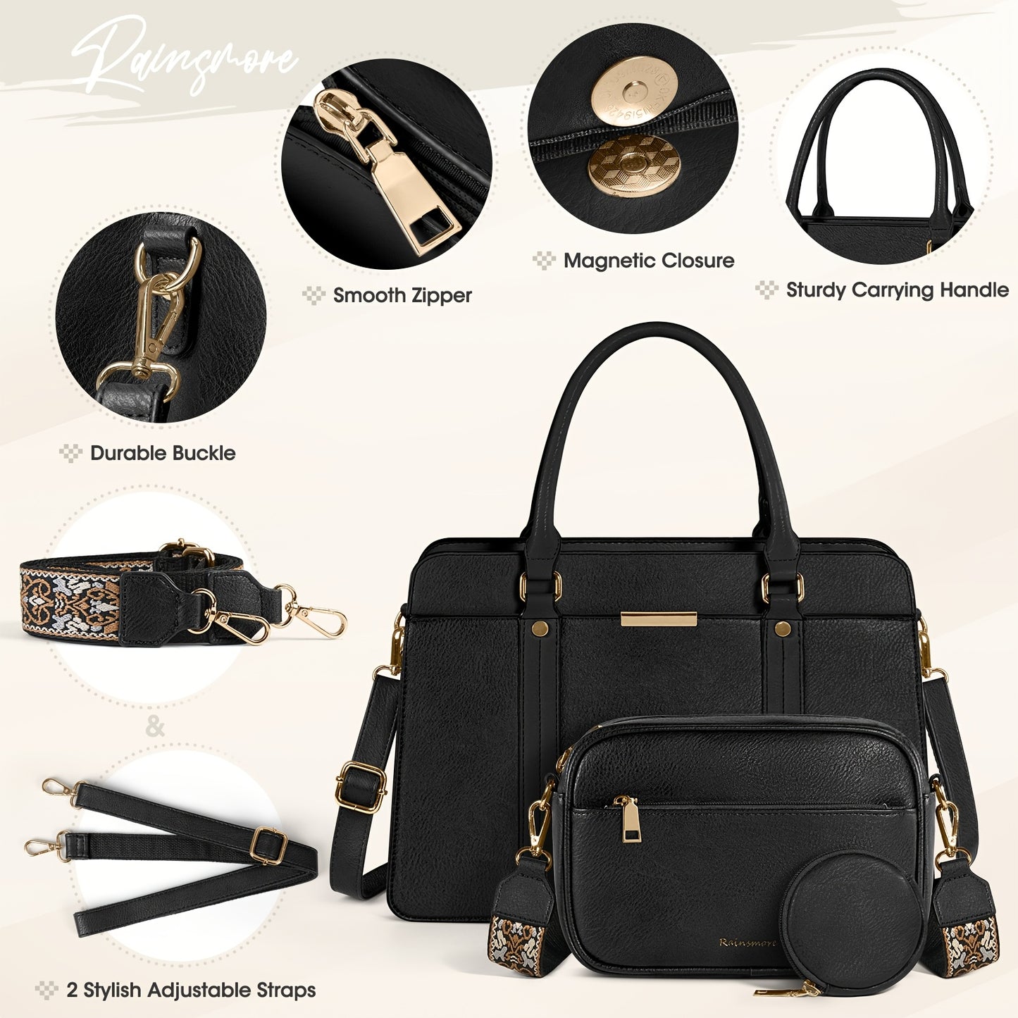 Women's Elegant 3-Piece PU Handbag & Wallet Set with Adjustable Strap