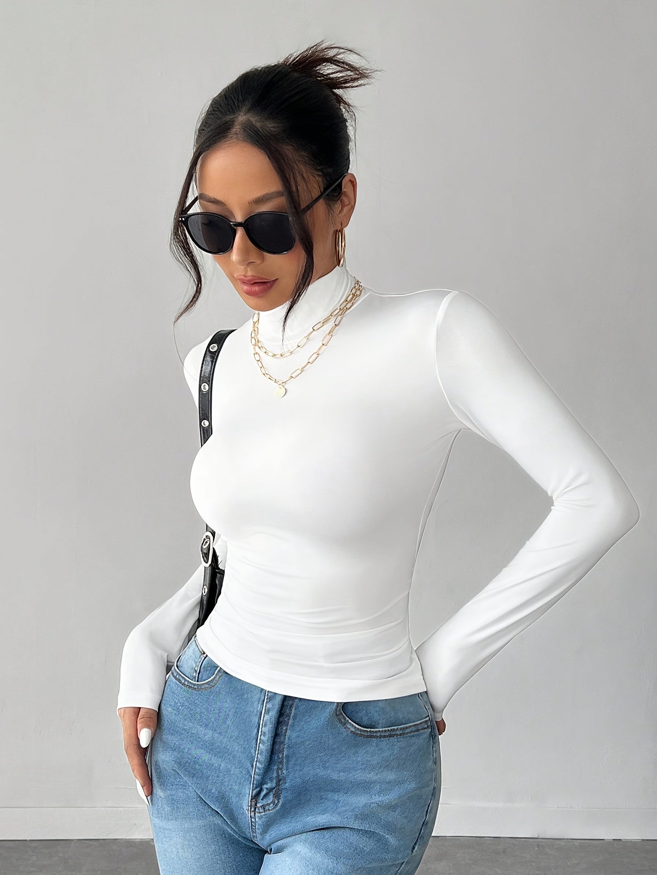 Women'S Elegant High Neck Long Sleeve T-Shirt - Soft Stretchy Solid Color Top for Spring Summer Fall, Versatile Casual & Formal Wear, Machine Washable, Seasonal Fashion, Sophisticated Style, Comfortable Fit, Stylish Blouse, F