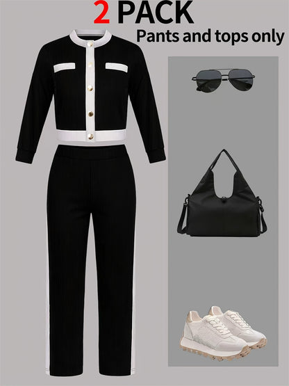 Autumn And Winter Women'S Outfit - Stylish Color-Blocked Fitted Long-Sleeve Top with a Round Neck And Versatile High-Waisted Comfortable Straight-Leg Pants