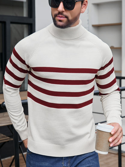 Men's High Neck Long Sleeve Striped Contrast Color Pullover Sweater - ayq