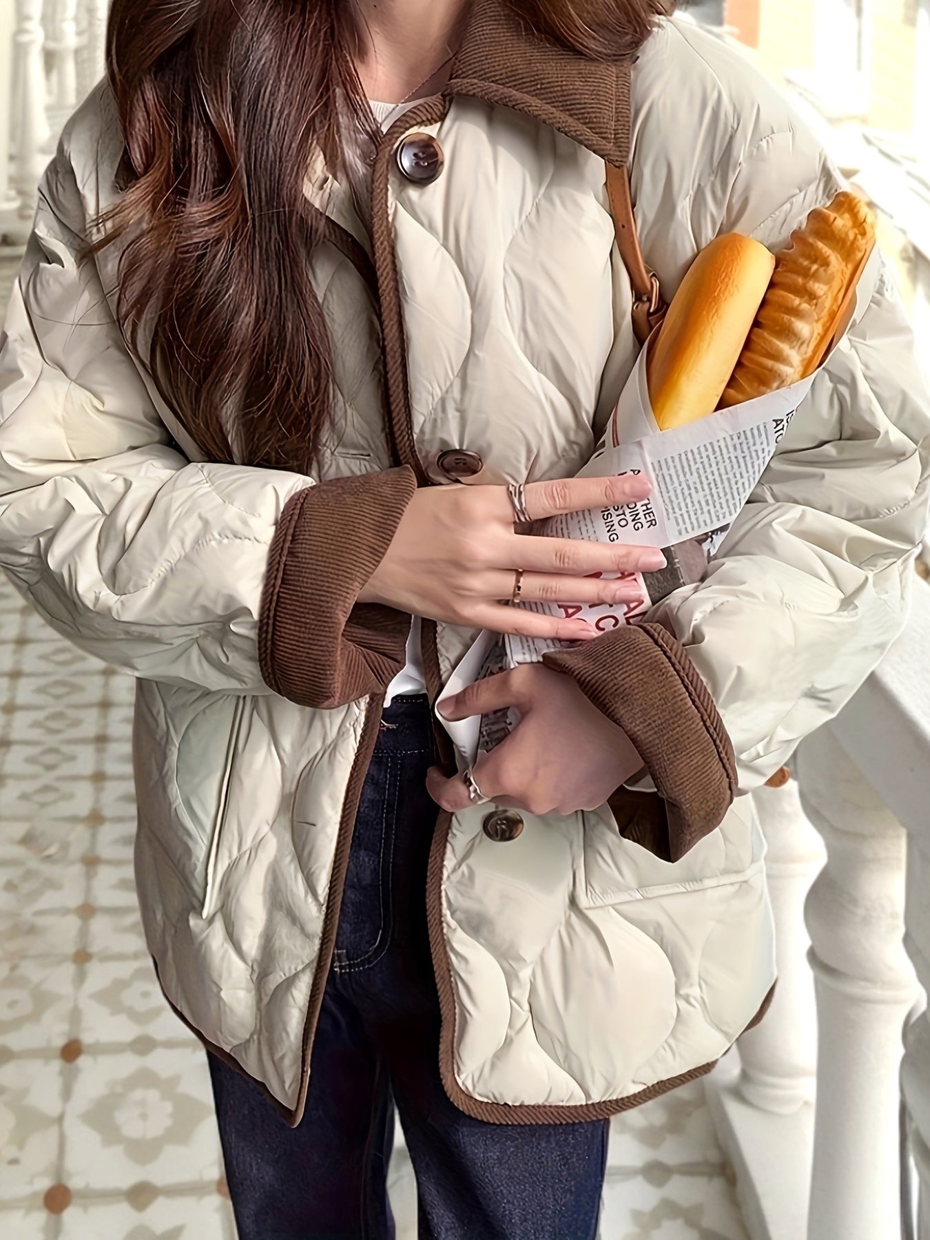 Women's Navy Blue Quilted Jacket with Faux Fur Trim - Elegant Long Sleeve Outerwear, Polyester, Button-Up Front, Warm & Stylish for Winter