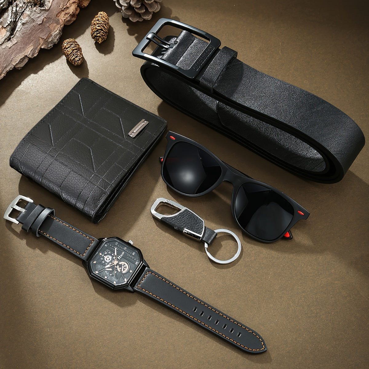 5pcs 'S New Watch Exquisite Gift Box Set - High-End Handsome Faux Leather Watch with Trendy Glasses, Fashion Keychain, Casual Wallet, And Belt, Perfect Gif
