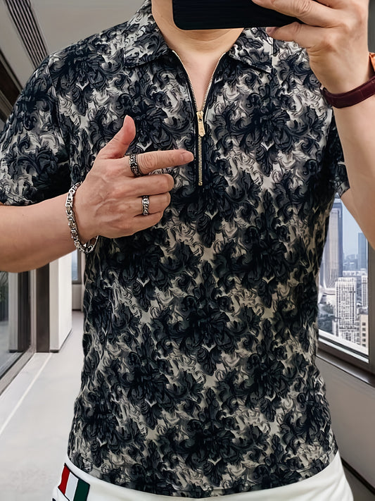 Men's Short Sleeve Shirt with Zipper Front - Black  White Floral Print Summer Casual T-Shirt, Breathable Stand Collar, Regular Fit for Casual Attire, Easy Care Fabric