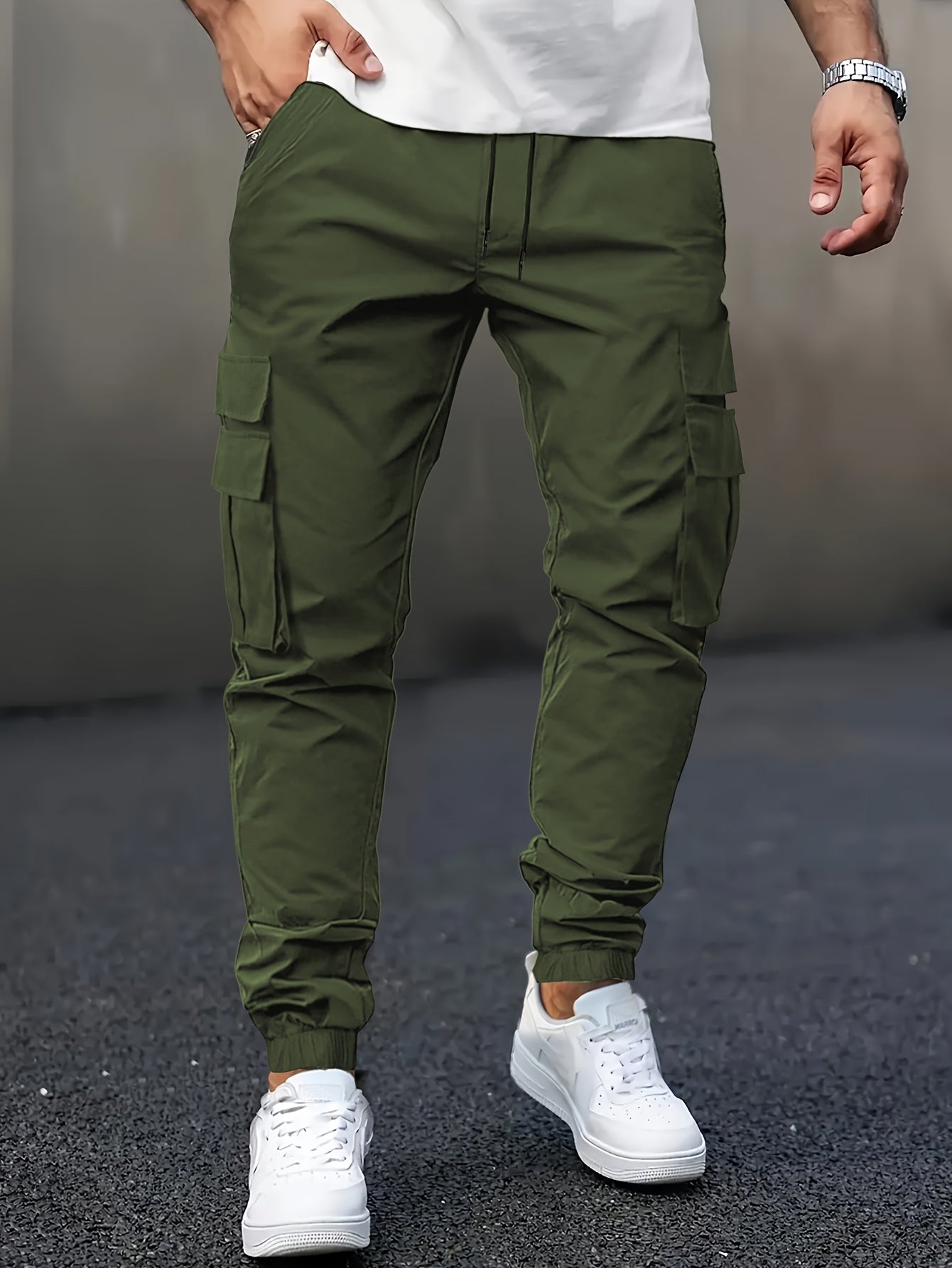 Men's Casual Solid Color Cargo Pants with Drawstring Waist