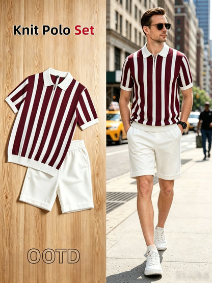 Men's Striped Half-Zip Knit Polo & Elastic Waist Shorts Set