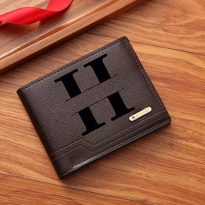 1pc Men's Business Style Faux Leather Wallet, Customizable Text and Initials, Solid Color Faux Leather with Contrast Accents, Compact Short Bifold Design for Easy Carrying - Perfect Birthday Gift for Boyfriend and Father, Per