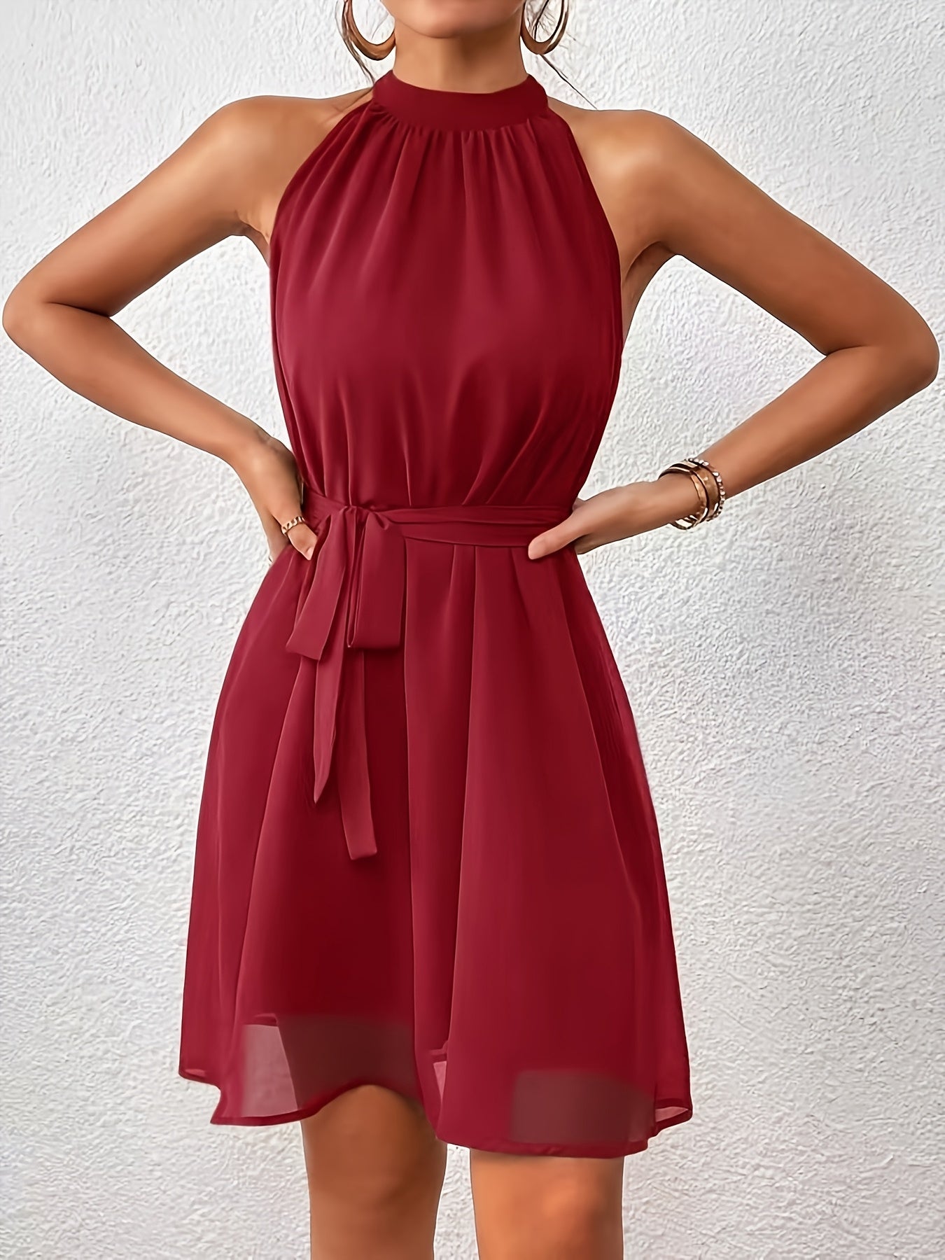 Women’s Solid Color Chiffon Halter Neck Summer Dress with Belt