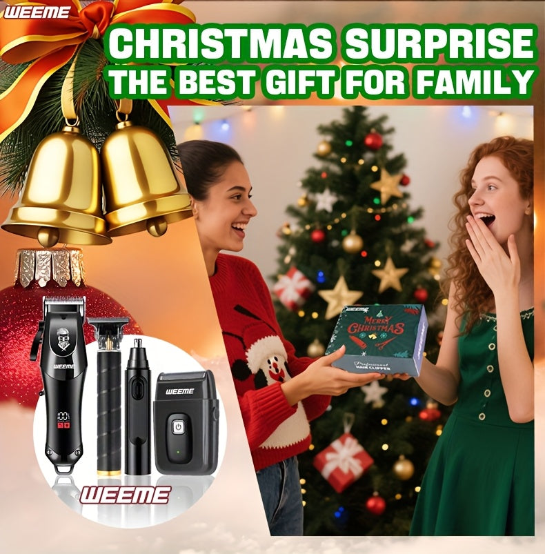 WEEME 4pcs Professional Hair Clipper Set for Men, Cordless Barber Clippers and Trimmer Kit, Electric Beard Trimmer and Nose Trimmer, Foil Shaver Grooming Tools, Luxury Christmas Gift Set for Him (Black) - ayq