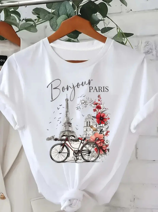 Casual Cotton Cartoon Graphic Round Neck Short Sleeve Tee - ayq