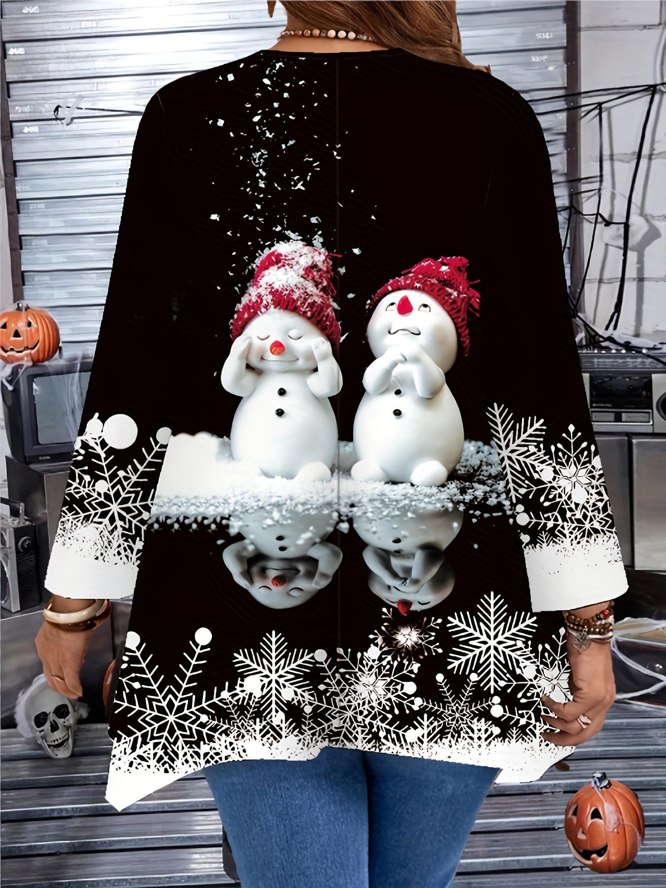 Plus Size, Plus Size Women's Elegant Snowman Print Long Sleeve T-Shirt - Asymmetrical Hem Winter Sweater-like Blouse, Stretchy Round Neck Top for Christmas Party, Casual & Semi-Formal Wear, Machine Washable (Black/White Snowf