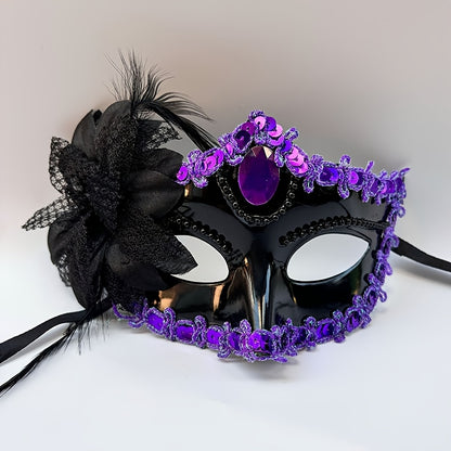 Elegant Venetian Masquerade Mask - Black & Red Feather & Jewel Decorated Party Mask for Halloween, Themed Dinners, Cosplay - Durable Plastic Design with Intricate Patterns, Halloween Costume Accessory, Themed Event Accessory,