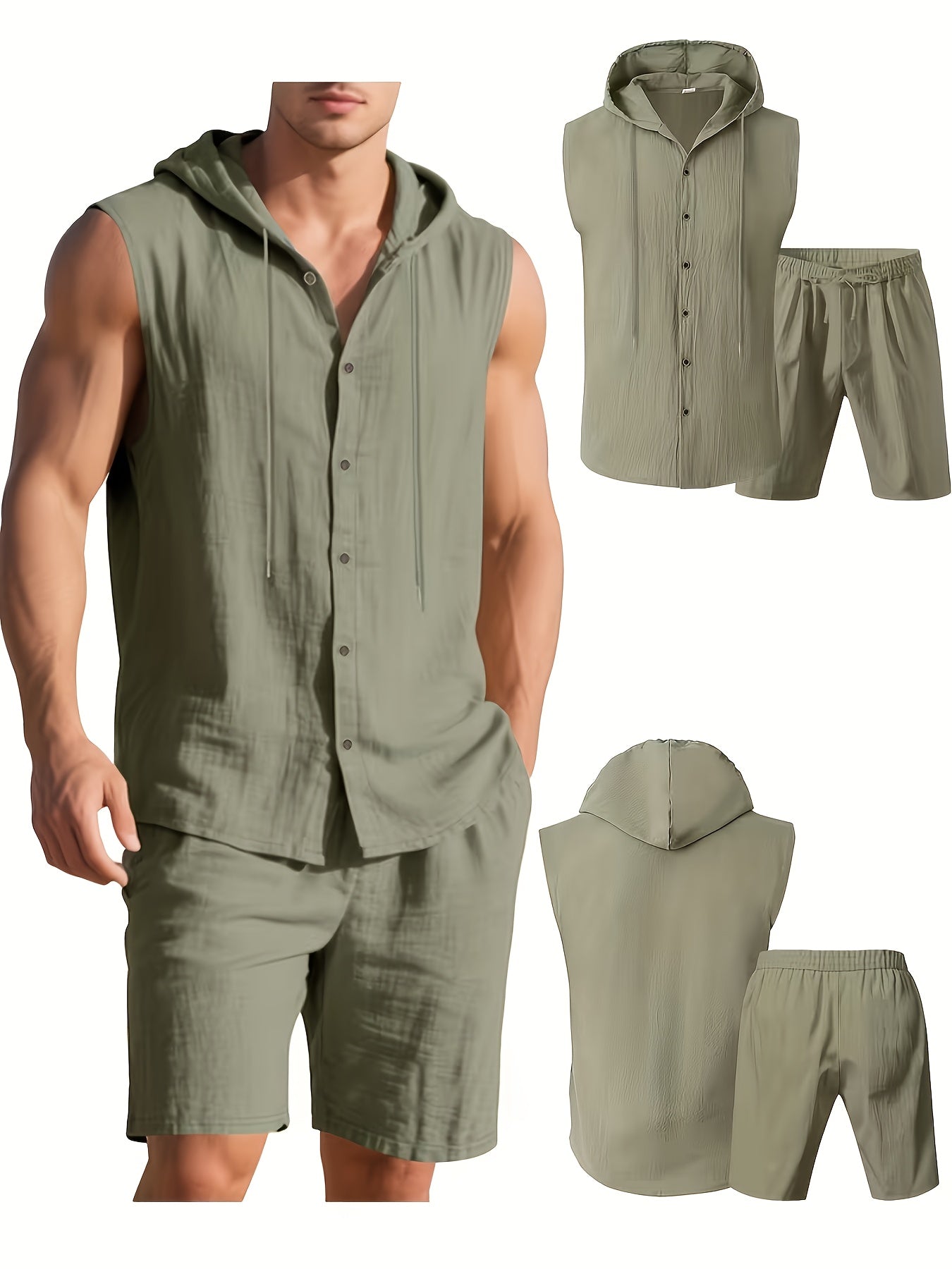 Men's Summer Linen Hooded Sleeveless Shirt & Shorts Set