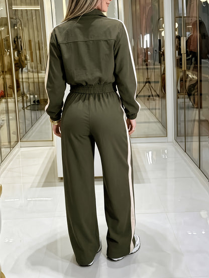 Women's Casual Polyester Set: Long-Sleeve Jacket & Straight Trousers