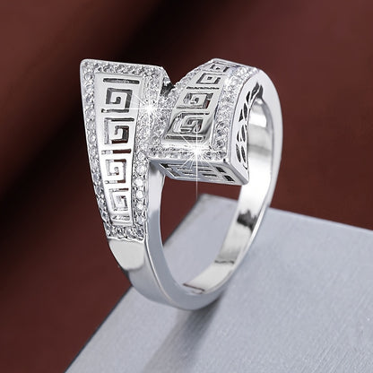 Vintage Geometric Cross Ring for Women in White Gold Plating