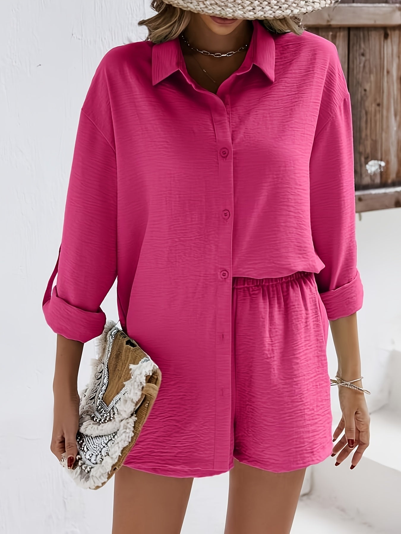 Women's Casual Summer Long Sleeve Shirt & Elastic Waist Shorts Set