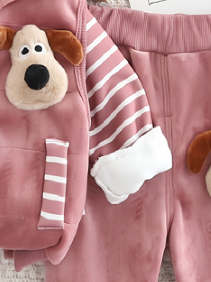 BABICOLOR 's Winter 3pcs Dog Print Hooded Jacket & Pants Set - Warm Loose-Fit Outfit, Winter Clothing for 1st Photoshoots, Casual Cold-Weather Outwear, Perfect for Outdoor