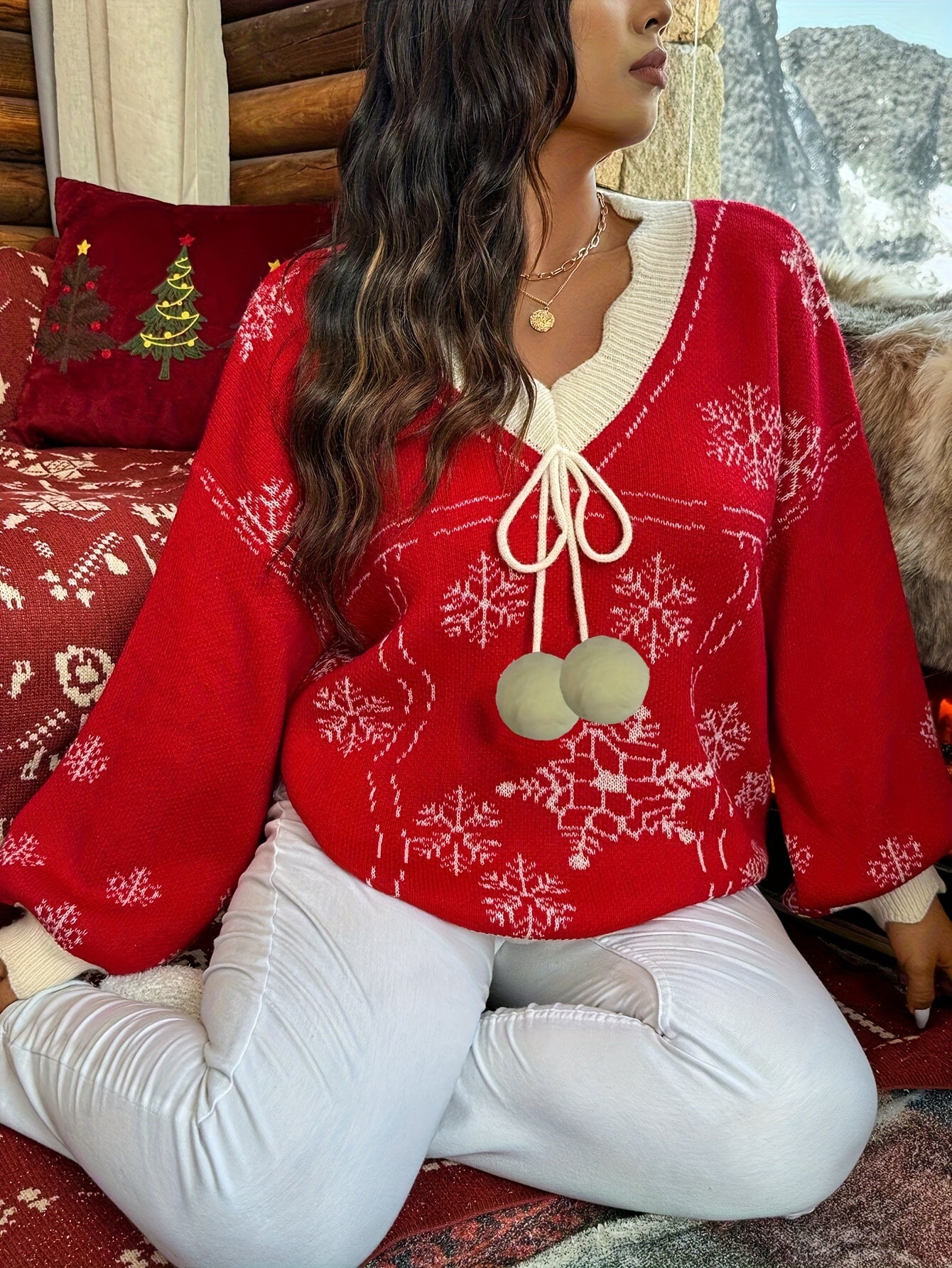 QD0915240 Women's Christmas Snowflake Lazy Loose Top, Casual Elegant Vacation Style, Autumn and Winter